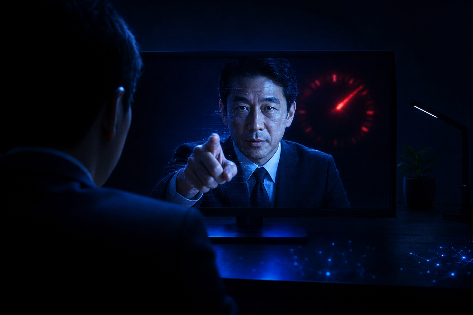 ビデオ通話の向こうから、緊急の送金を迫る「役員」。時間の切迫と権威が同時に担当者へ押し寄せる情景