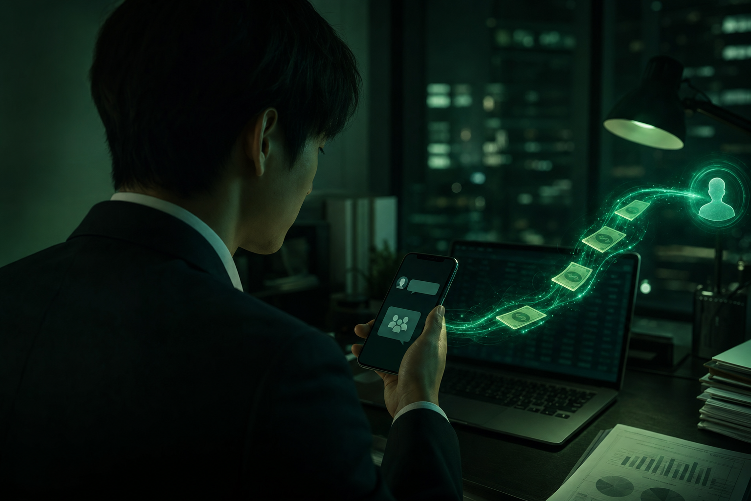 社長を名乗る短いメッセージとLINE風グループで送金を指示するイメージ